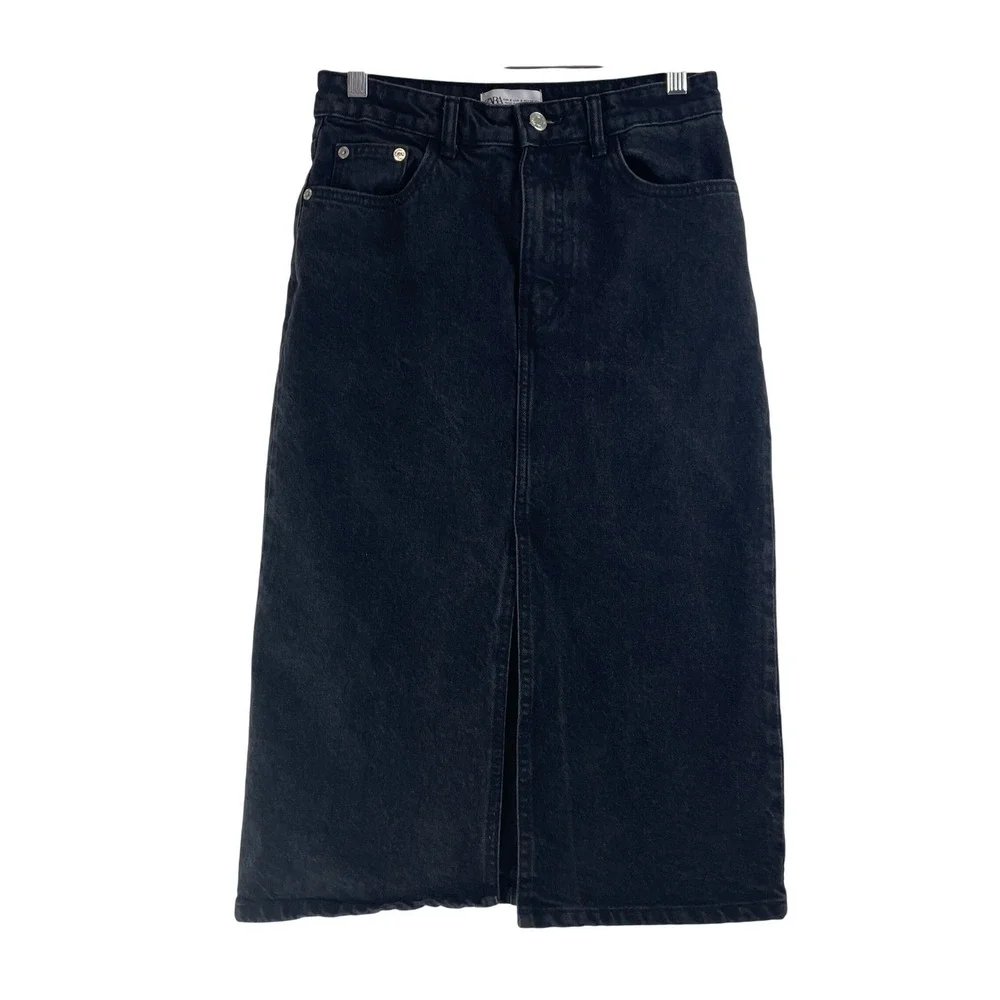 Zara Womens Washed Black Denim Midi Skirt‎ High Waisted Front Slit Size S